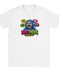 Färgglatt tryck med texten NPC Mode Brainrot och pratbubblor på en vit t-shirt