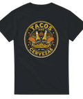Retro emblem med tacos och ölflaskor på en svart t-shirt