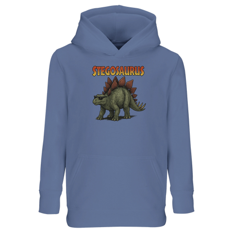 Stegosaurus med solglasögon och text på blå barnhoodie med känguruficka.