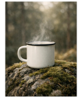 Stämningsfull naturposter i jordnära färger föreställande en kaffekopp på en sten täckt av grön mossa.