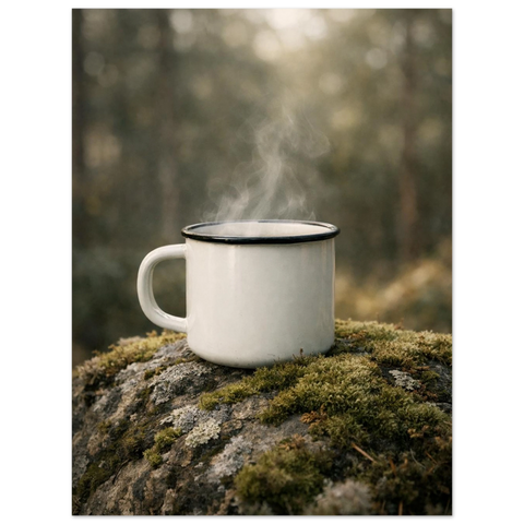 Stämningsfull naturposter i jordnära färger föreställande en kaffekopp på en sten täckt av grön mossa.