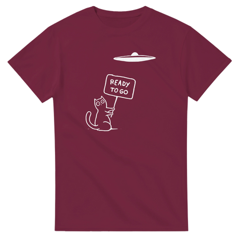 Rolig katt-t-shirt med UFO-tema och humoristiskt citat-tryck