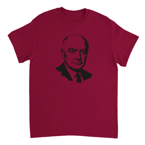 Klassiskt motiv av Per Albin Hansson på vinröd t-shirt med retrokänsla