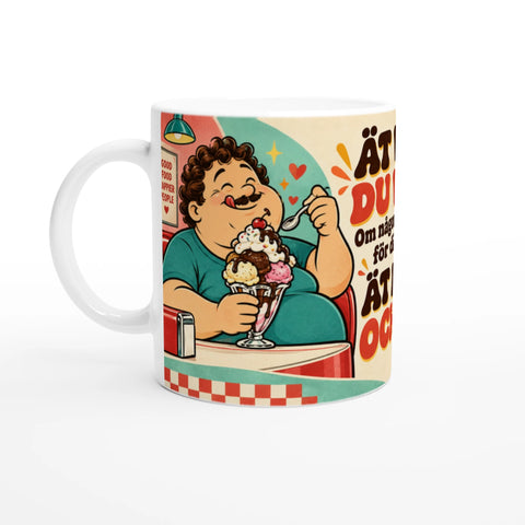 Färgglad illustration av man som äter glass i diner-miljö på en mugg