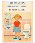 Närbild på en rolig poster med vintagekänsla föreställande en flicka i ett badrum med rosa kakel.
