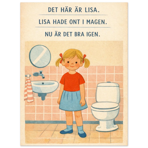 Närbild på en rolig poster med vintagekänsla föreställande en flicka i ett badrum med rosa kakel.