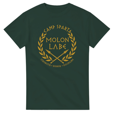 Grekiskt emblem med Molon Labe och korsade spjut på mörkgrön t-shirt