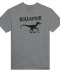 Rollaptor" med velociraptor som går med rollator på grå t-shirt.