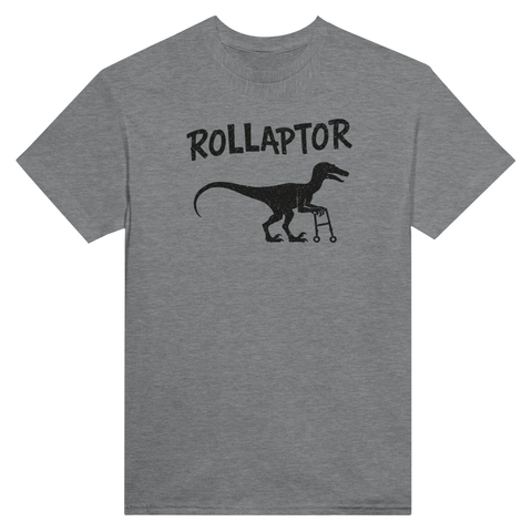 Rollaptor" med velociraptor som går med rollator på grå t-shirt.