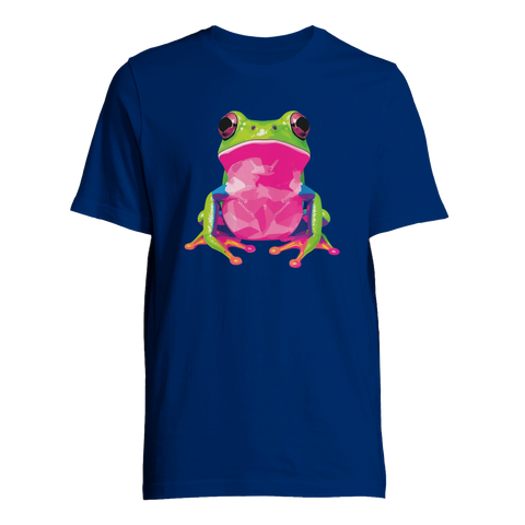 Färgstark groda i pop-art stil med rosa mage och gröna ben på marinblå t-shirt.