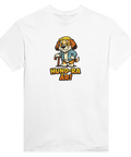 Tecknad hund med käpp, glasögon, keps, text "HUND-RA ÅR!" på vit t-shirt.