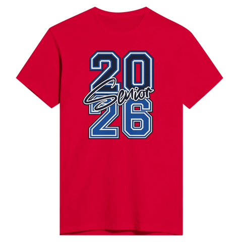 20 Senior 26" texttryck i blått, vitt och svart på en röd t-shirt, sportig stil.