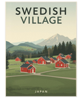 Närbild på en grafisk travel poster föreställande svenska stugor i Japan med granskog och berg i bakgrunden.