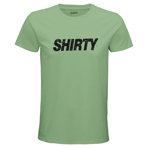 Svart Shirty-logga med slitna effekter på en ljusgrön premium herr-t-shirt i streetwear-stil.