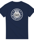 Mörkblå t-shirt med grafiskt hamburgermotiv i retrostil och göteborgsk citat-text