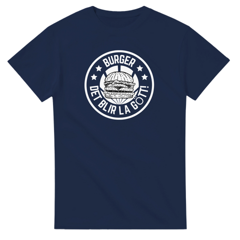 Mörkblå t-shirt med grafiskt hamburgermotiv i retrostil och göteborgsk citat-text