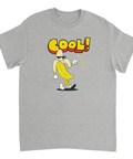 Tecknad banan med solglasögon och text "COOL!" på grå t-shirt.