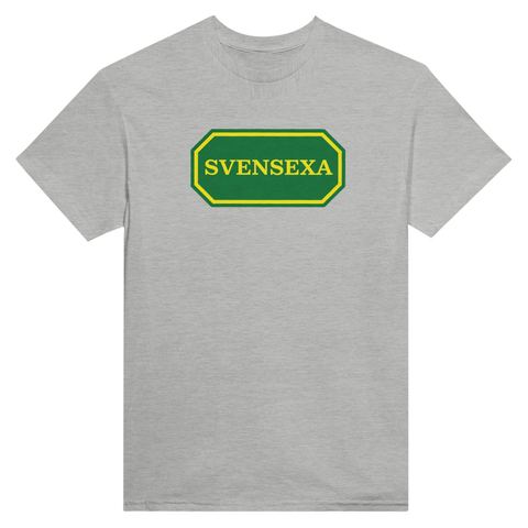 Gråmelerad t-shirt med centrerat Svensexa-tryck i retrostil