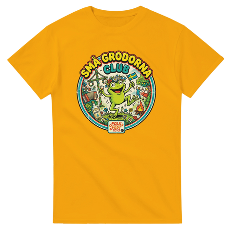 Små Grodorna Club" midsommarmotiv med groda, majstång och svensk flagga på gul t-shirt.