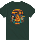 Grafiskt tryck med lägereldsmotiv och texten Campfire Monster på mörkgrön t-shirt