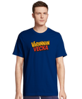 Varannan Vecka" text i pop art-stil på marinblå t-shirt.