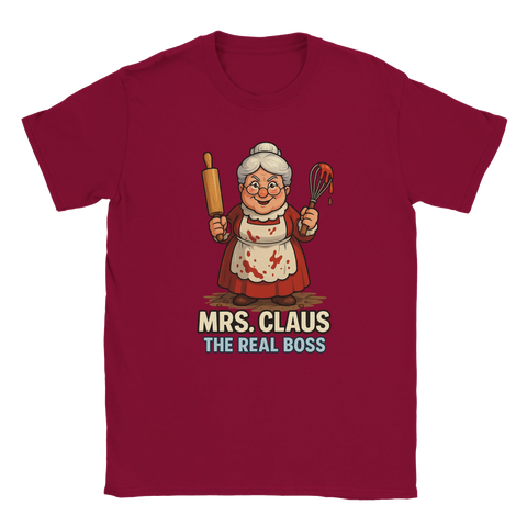 T-shirt jul – Mrs Claus The Real Boss rolig jultröja i röd