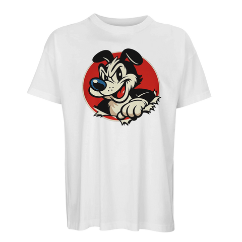 Vit t-shirt med kaxig hundillustration i klassisk retrostil