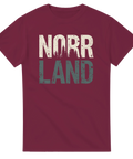 Minimalistisk Norrland-illustration med skogstema på vinröd t-shirt