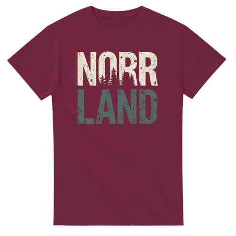 Minimalistisk Norrland-illustration med skogstema på vinröd t-shirt