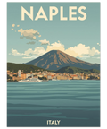 Närbild på en travel poster föreställande italienska Naples med stiliserade byggnader vid havet och molnig himmel.