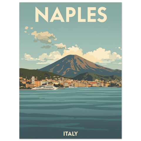 Närbild på en travel poster föreställande italienska Naples med stiliserade byggnader vid havet och molnig himmel.