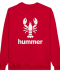 Vit hummer-silhuett och text "hummer" på röd sweatshirt.