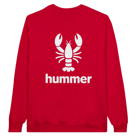 Vit hummer-silhuett och text "hummer" på röd sweatshirt.