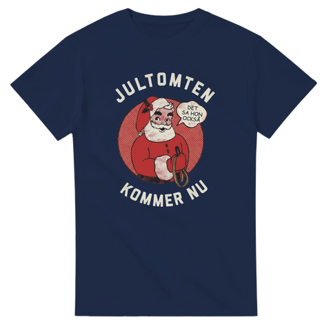 Humoristiskt julmotiv med citat och vintage tomte på marinblå t-shirt