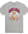 Grafiskt tryck med katt och blommor i metal-stil på grå t-shirt