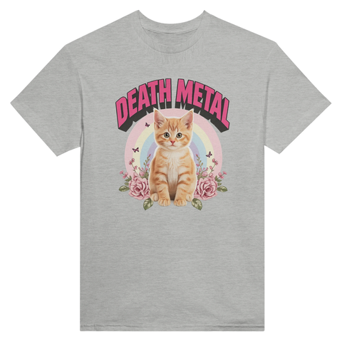 Grafiskt tryck med katt och blommor i metal-stil på grå t-shirt