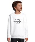 Detaljerad gädda med texten "GÄDDA" och "ESOX LUCIUS" på vit sweatshirt för barn.