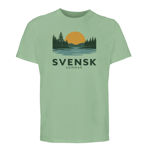 Nostalgisk grafisk design av skog och sjö på ljusgrön ekologisk t-shirt