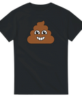Bajsemoji-tryck med leende ansikte på svart t-shirt.