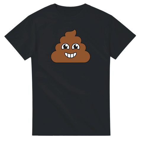 Bajsemoji-tryck med leende ansikte på svart t-shirt.
