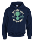 Sci-fi-design med en klassisk grön alien och rymdtema på marinblå hoodie