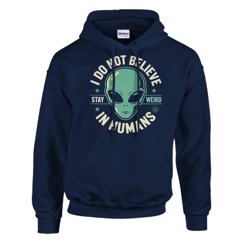 Sci-fi-design med en klassisk grön alien och rymdtema på marinblå hoodie