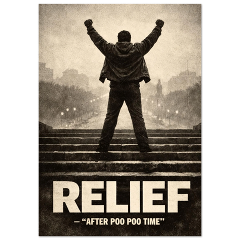 Relief-poster: man med knutna nävar på trappa, text "RELIEF - AFTER POO POO TIME", sepia, retrostil.