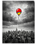 Närbild på en illustrerad röd ballong med ett gult band mot en bakgrund av mörka och dramatiska moln i gråskala.
