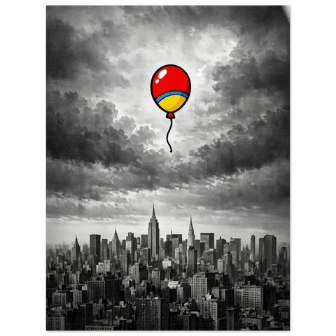 Närbild på en illustrerad röd ballong med ett gult band mot en bakgrund av mörka och dramatiska moln i gråskala.
