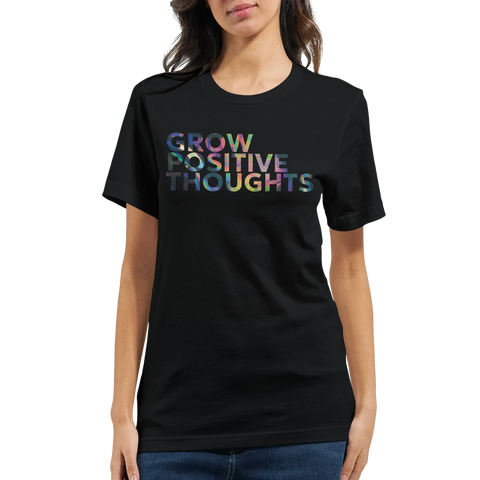 Svart t-shirt med uttrycksfull textdesign och holografiskt inspirerat tryck