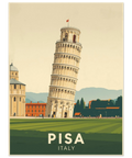 Närbild på en reseposter föreställande italiensk arkitektur med texten Pisa Italy nedtill på ett grönt fält.