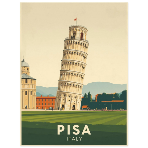 Närbild på en reseposter föreställande italiensk arkitektur med texten Pisa Italy nedtill på ett grönt fält.