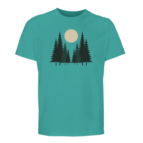Konstnärligt tryck av en nattlig skog tryckt på en turkos t-shirt