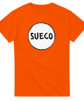 Orange t-shirt med grafiskt Sueco-motiv i organisk stil